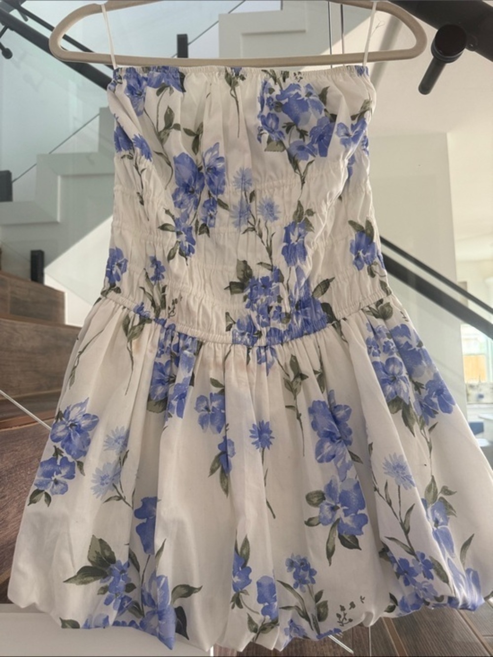 White Floral Strapless Sundress Bubble Skort with Blue Flowers